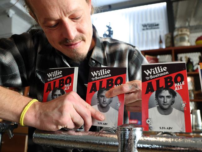 The PM took the celebrations to the Willie the Boatman in St Peters where punters could get a Albo Pale Ale. Picture: AFP