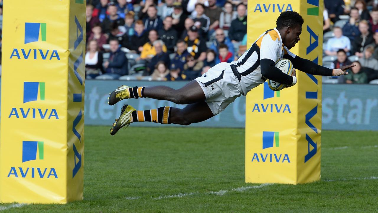 Christian Wade of Wasps scoring his fifth try of the match at Sixways Stadium.