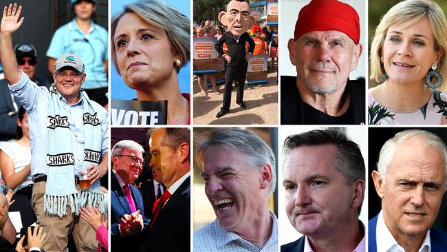 Prime Minister Scott Morrison (left) and his 'friends' (clockwise from top left) Kristina Keneally, GetUp volunteers in Warringah, Peter FitzSimons, Zali Steggall, Malcolm Turnbull, Chris Bowen, Rob Oakeshott and Kevin Rudd and Bill Shorten.