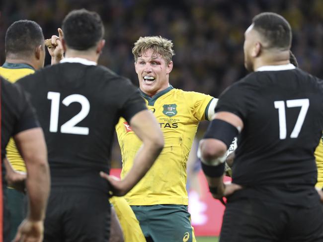 Australia's Michael Hooper celebrates a try. (AP Photo/Trevor Collens)