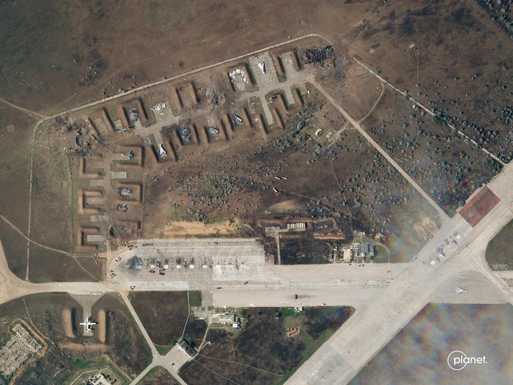 A satellite image shows destroyed Saky air base in Crimea, August 10. Picture: Planet Labs PBC