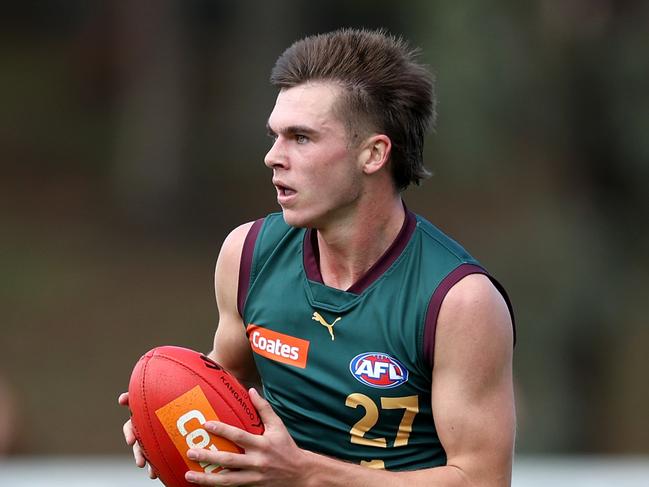 MELBOURNE, AUSTRALIA - APRIL 08: Colby Mckercher of Tasmania in action during the round three Coates Talent League Boys match between Bendigo Pioneers and Tasmania Devils at Arden Street Ground on April 08, 2023 in Melbourne, Australia. (Photo by Jonathan DiMaggio/AFL Photos/via Getty Images)