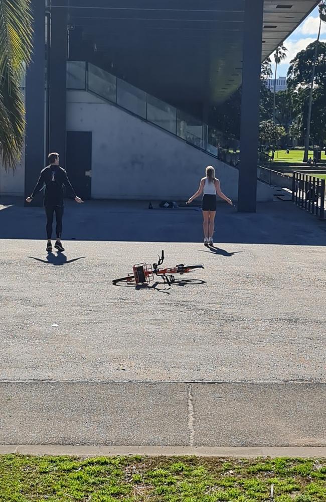 Ben Roberts-Smith and the blonde trainer skip together at a Saturday lunchtime session at Redfern Oval. Picture: Candy Sutton/news.com.au