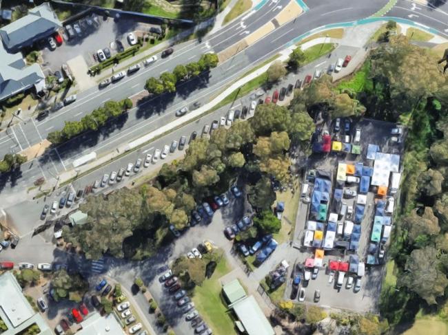 A satellite image shows cars parked diagonally outside Helensvale Farmers Market - as they have done for many years. Council recently issued $172 fines to motorists parked at the Market for failing to park parallel. Picture: Google Maps.