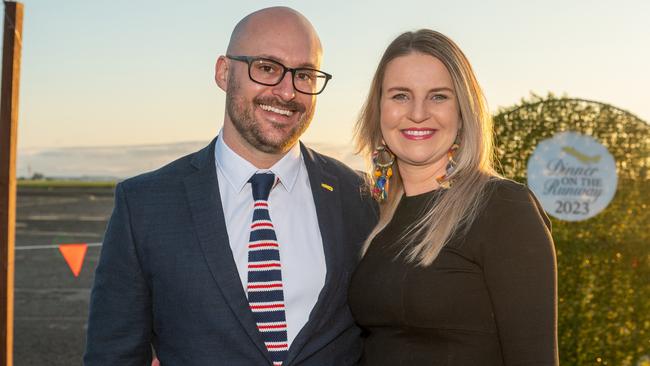 Luke Curtis (auctioneer) and Avril Curtis at Dinner on the Runway for Mackay Hospital Foundation, Mackay Airport Friday 8 September 2023 Picture: Michaela Harlow