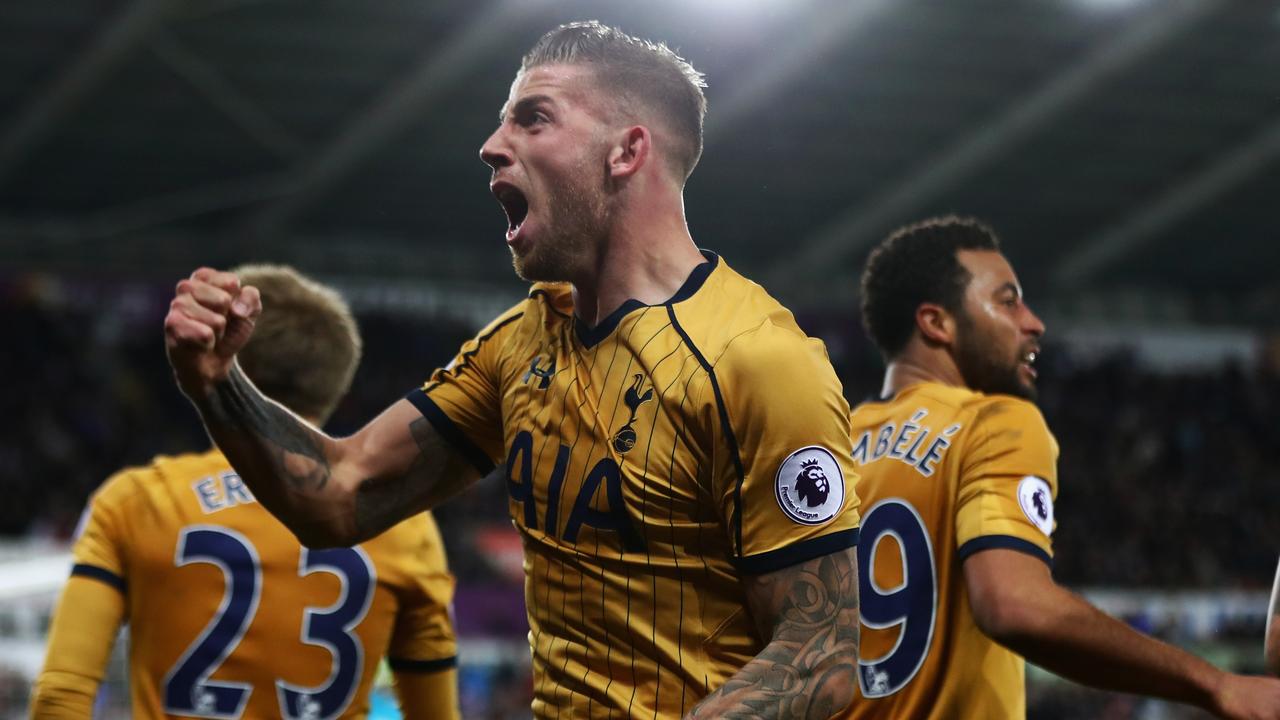 Toby Alderweireld of Tottenham Hotspur celebrates his sides third goal against Swansea City in 2017.