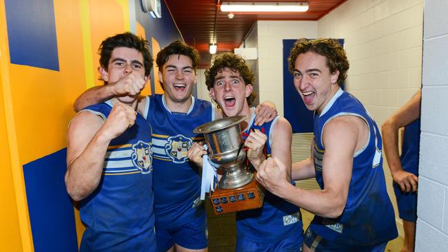 All smiles in the Sacred Heart change rooms after the side’s 50-point win. Picture: AAP/Brenton Edwards