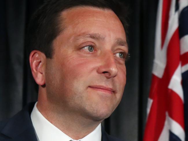 Leader of the Victorian Liberal party Matthew Guy  announces defeat in the Victorian state election during the Liberal Party reception on Victorian State election night in Melbourne, Saturday, November 24, 2018. (AAP Image/David Crosling) NO ARCHIVING