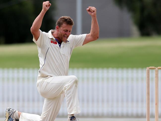 Lyle House celebrates a wicket for the MPCA in the Melbourne Country Week final against Sale/Maffra at the Junction Oval in 2018. Picture Yuri Kouzmin