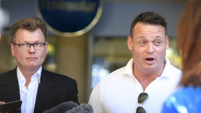 Andy Sellar, right, and local businessman Nigel Lucas, who paid for the stunt, explain themselves at a press conference yesterday. Pic Megan Slade.