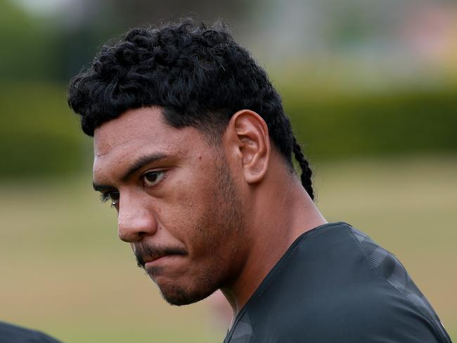 Wests Tigers train ahead of their round 1 game against Manly. Thomas Mikaele talks to coach Michael Maguire. Picture: Toby Zerna