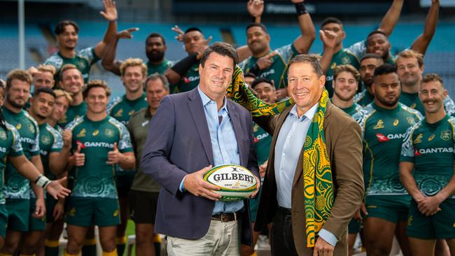 Rugby Australia chairman Hamish McLennan and executive director, Rugby World Cup 2027 bid, Phil Kearns with the Wallabies at ANZ Stadium. Photo: Stuart Walmsley / Rugby Australia