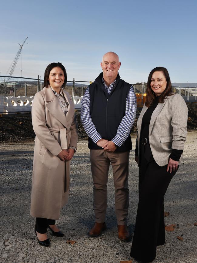 L-R Frances Hutchinson, Steve Old and Amy Hills at the Macquarie Point site of the proposed stadium. Picture: Nikki Davis-Jones