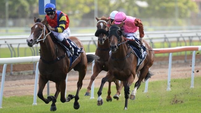 Brisbane jockey Robbie Fradd streaks clear to win the $150,000 NRRA Country Championships qualifier on board Snitz, trained by Matt Dunn, at Clarence River Jockey Club.