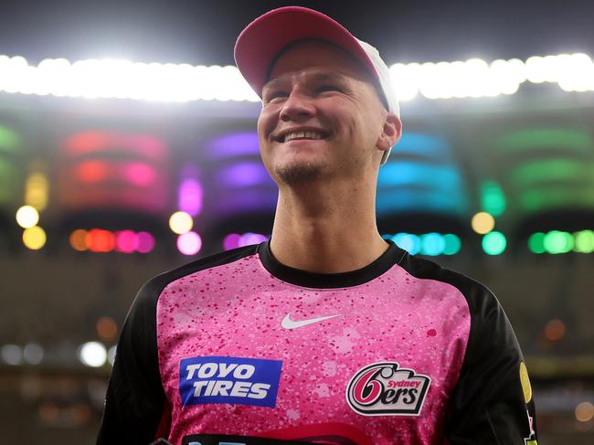 PERTH, AUSTRALIA - JANUARY 16: Josh Philippe of the Sixers is all smiles after the win during the BBL match between Perth Scorchers and Sydney Sixers at Optus Stadium, on January 16, 2024, in Perth, Australia. (Photo by James Worsfold/Getty Images)