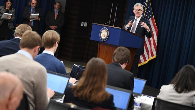 Fed chief Jerome Powell speaks to journalists. Picture: AFP