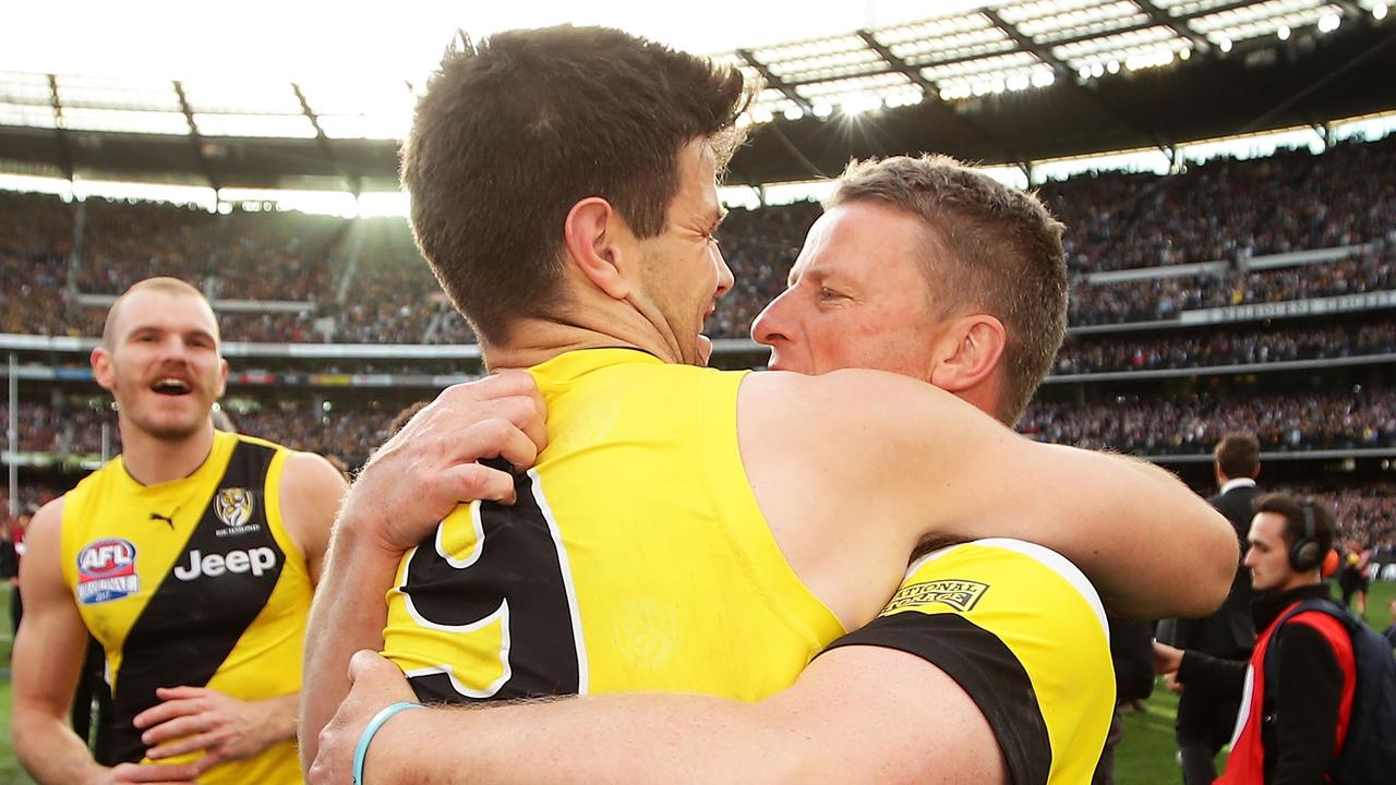 Cotchin and Hardwick celebrate the 2017 grand final win. Picture: Matt King/AFL Media