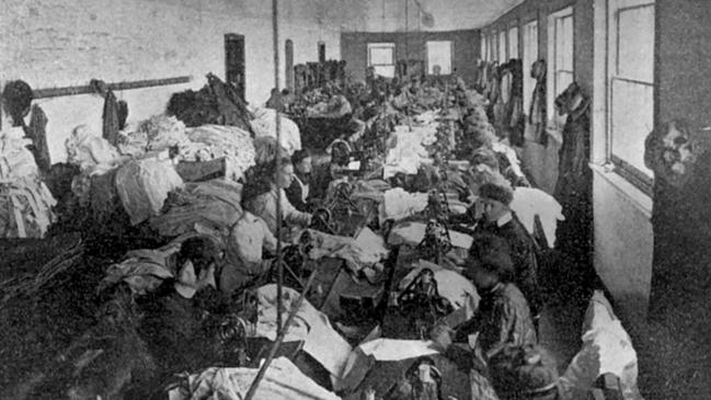 The stitching department of G &amp; R. Wills &amp; Co.'s shirt, mantle, and ladies' underclothing Adelaide factory, where about 100 Singer sewing machines were used in 1907.