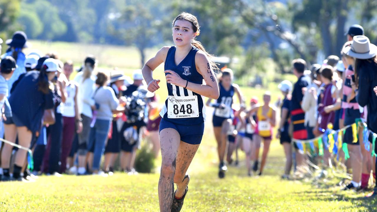 No 848 Annabel Bright of St Margarets anglican girls school Annual QGSSSA private schoolgirl cross country championship at Rivermount College in Yatala. Saturday May 15, 2021. Picture, John Gass