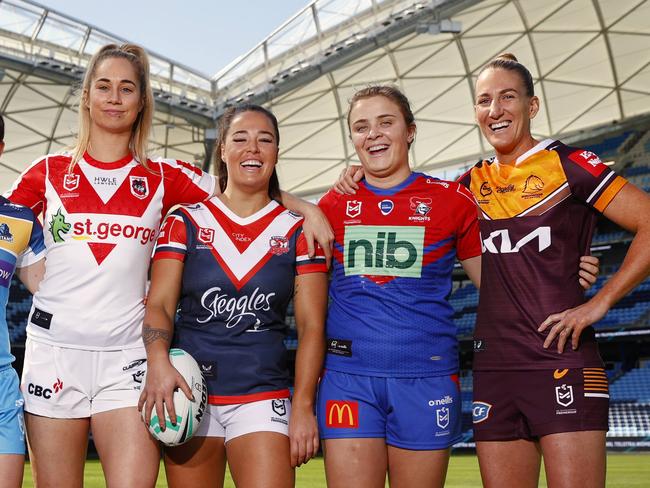 DAILY TELEGRAPH 17TH AUGUST 2022EMBARGOED TALK TO DT PIC DESK BEFORE USEPictured at the launch of the NRLW 2022/23 season at Allianz Stadium at Moore Park in Sydney are Parramatta captain Simaima Taufa, Gold Coast Titans captain Brittany Breayley-Nati, St.George Dragons captain Kezie Apps, Sydney Roosters captain Isabelle Kelly , Newcastle Knights captain Hannah Southwell and Brisbane Broncos captain Ali Brigginshaw.Picture: Richard Dobson