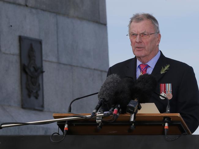 Governor Peter Underwood gives his address - a plea for peace - at the Anzac Day service this year.