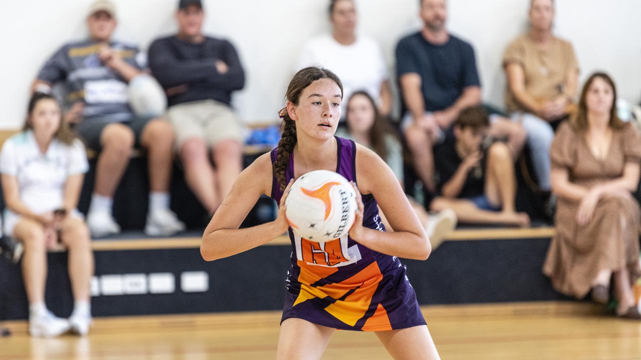 Ava Lockhart of Sunshine Coast against Darling Downs in Queensland School Sport 13-15 Years Girls Netball Championships at The Clive Berghofer Sports Centre, The Glennie School, Friday, May 6, 2022. Picture: Kevin Farmer