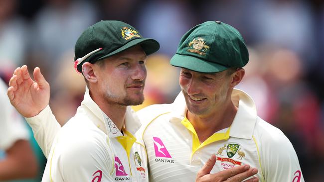 Cameron Bancroft (L) and Shaun Marsh celebrate victory at the SCG.