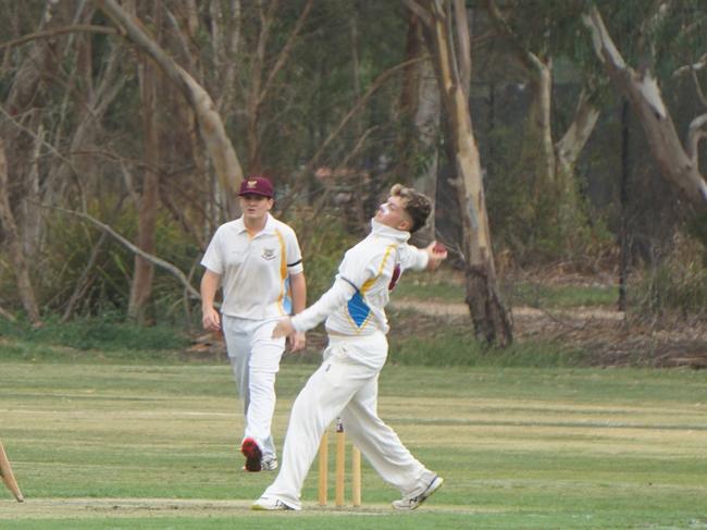 Hayden Kenny bowling for Marcellin College in the AGSV first XI grand final. Picture: Supplied.