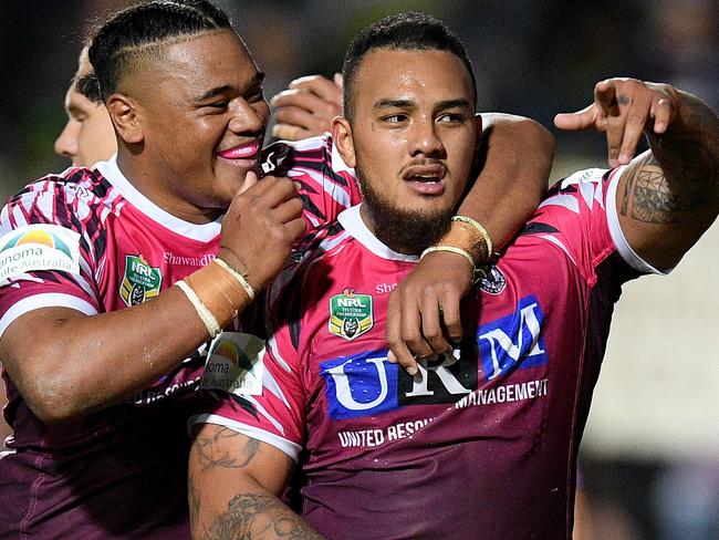 Addin Fonua-Blake of the Sea Eagles (right) celebrates with team mates after scoring a try during the Round 22 NRL match between the Manly-Warringah Sea Eagles and the Canterbury-Bankstown Bulldogs at McGrath Foundation Stadium, known as Lottoland, in Sydney, Saturday, August 11, 2018. (AAP Image/Dan Himbrechts) NO ARCHIVING, EDITORIAL USE ONLY