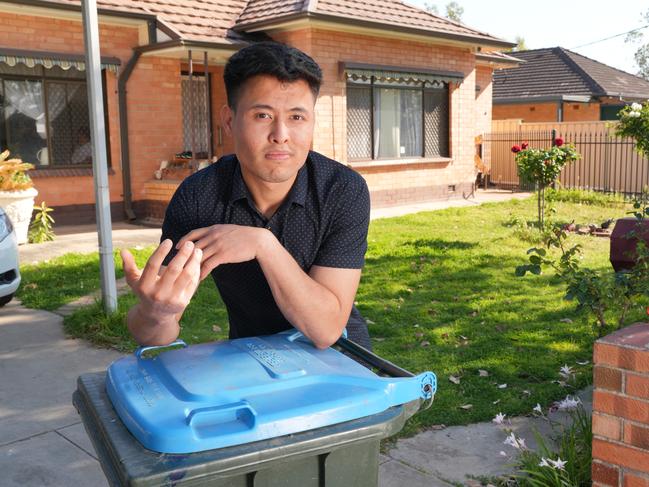 Port Adelaide Enfield Council can fine people $320 for leaving their bins out past midnight the day after collection. Hadi Jafari is a Kilburn resident who had no clue about this. 9 October 2024. Picture: Dean Martin