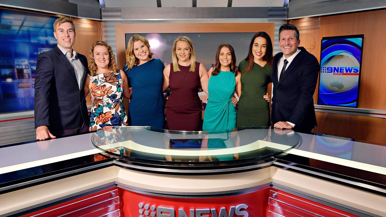 Familiar faces of former Nine Darwin staff: Henry Jones, Kathleen Gazzola, Kathryn Foran, Amy Culpitt, Georgie Chumbley, Isabelle Mullen, and Jonathan Uptin in the Darwin Nine News studio.