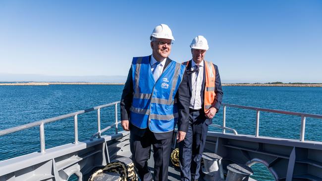 Scott Morrison and Attorney General Michaelia Cash on board one of the two new Evolved Cape Class patrol boats. Picture: James Brickwood