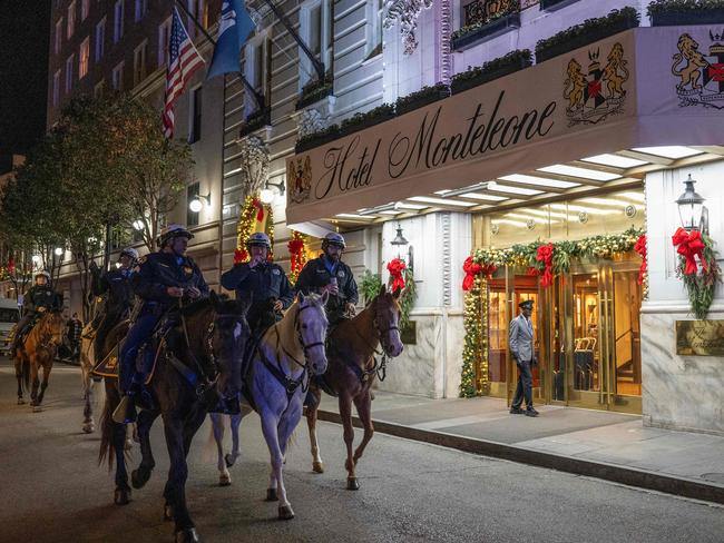 Mounted police pass the Hotel Monteleone a block from Bourbon Street after at least 15 people were killed in an attack on New Year’s Day. Picture: AFP