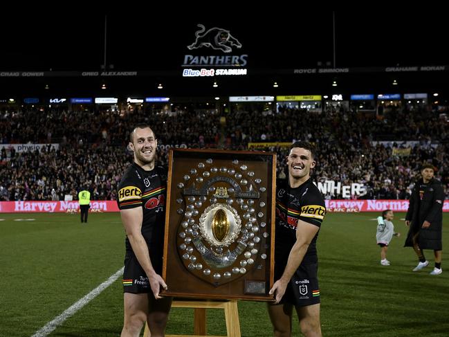 Isaah Yeo and Nathan Cleary with the J. J. Giltinan Shield. Picture: NRL