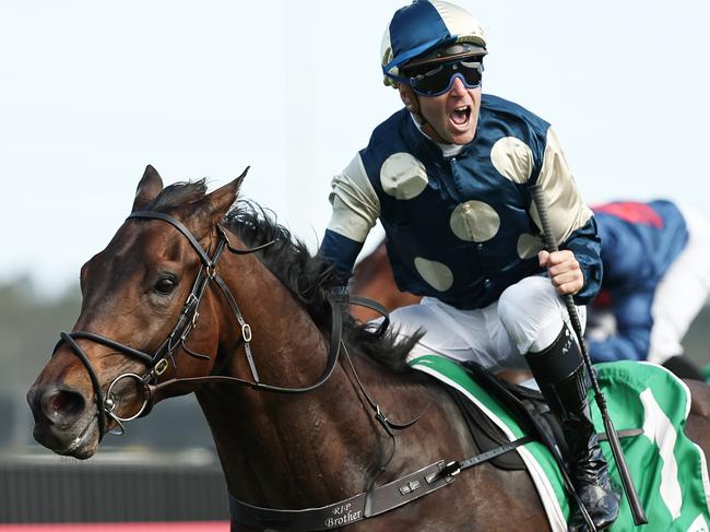 KEMBLA GRANGE, AUSTRALIA - NOVEMBER 23: Tommy Berry riding Gringotts wins Race 8 The Illawarra Mercury Gong during "The Gong Day" at Kembla Grange Racecourse on November 23, 2024 in Kembla Grange, Australia. (Photo by Jeremy Ng/Getty Images)