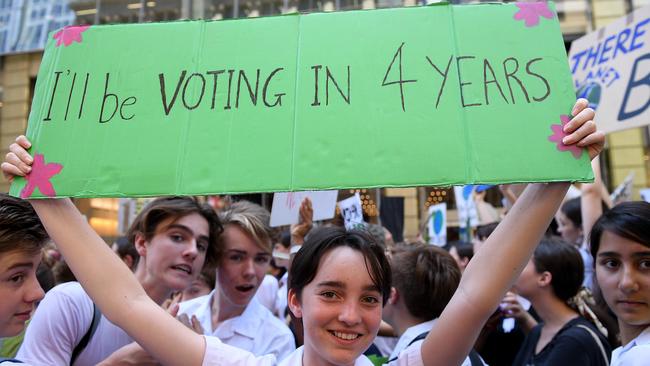 Far from being the kind of revolution we saw in the US over guns, this is a mundane and transparent adult protest, with kids being enlisted as the frontmen and women. Picture: AAP/Dan Himbrechts