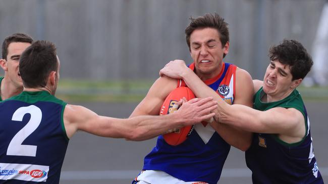 Football GFL Qualifying Final: St Mary's v South Barwon . St Mary's 2 Sam Dobson and 26 Harry McMahon tackle South Barwon 20 Dylan Starkie Picture: Mark Wilson