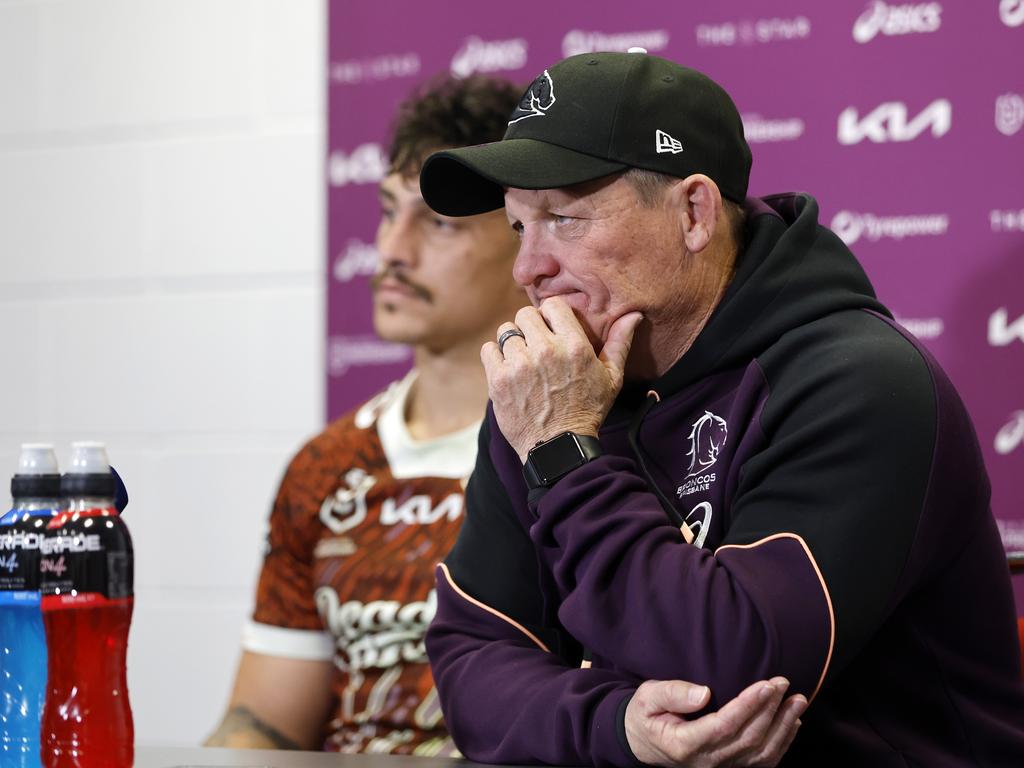 Kotoni Staggs and Kevin Walters after the loss to St George Illawarra. Picture: NRL