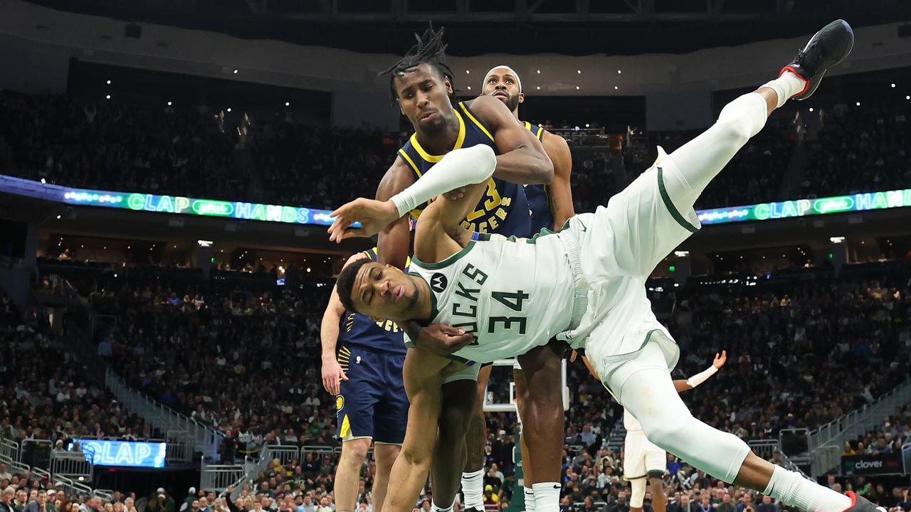 Giannis was in the thick of everything against the Pacers. (Photo by Stacy Revere/Getty Images)