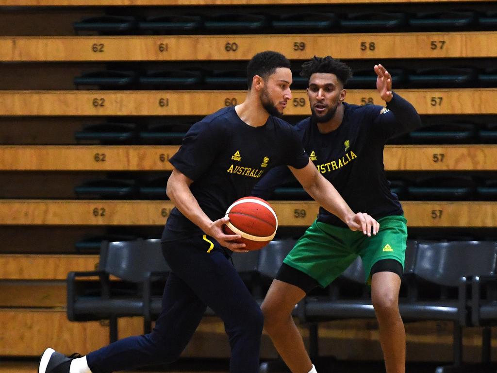 Ben Simmons training with members of the 18-man Boomers squad ahead of the 2019 World Cup in China. Picture: AAP Image/James Ross.