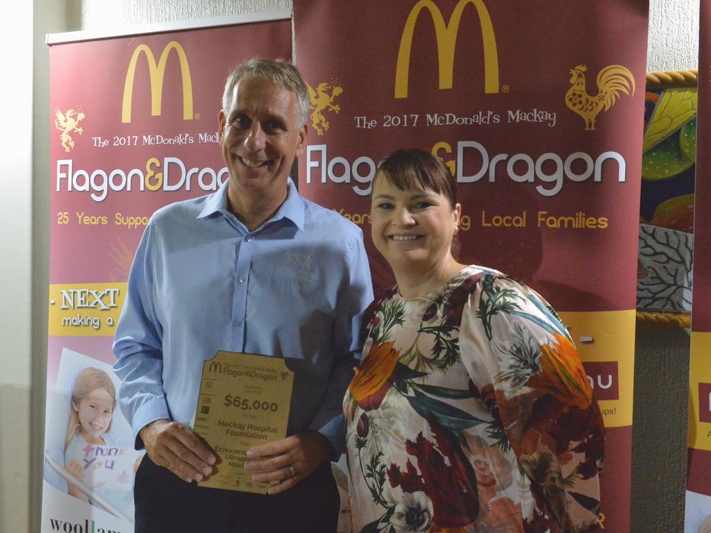 Niki Ramsay, co-owner of McDonald’s Mackay presented a $65,000 cheque to Mackay Hospital Foundation chairman Peter Tait to buy an Echocardiography Ultrasound Machine for the children's ward of the hospital