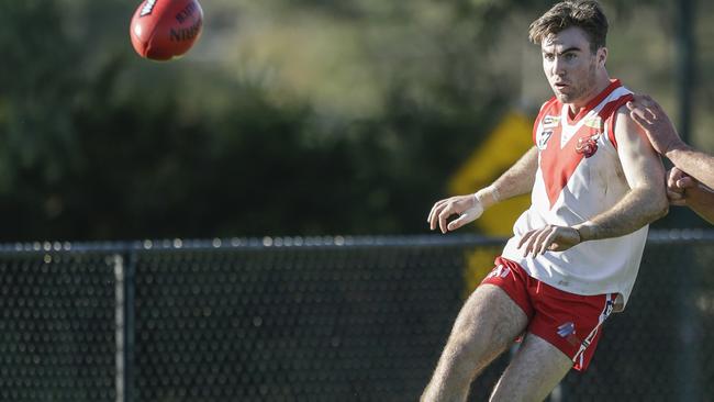 Karingal’s Nathan McDonald slotted three goals in the Bulls’ win over Crib Point at Ballam Park on Saturday. Picture: Valeriu Campan