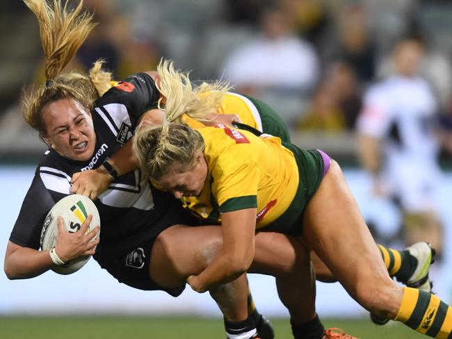 Bunty Kuruwaka-Crowe being taken down by Jillaroos star Ruan Sims during the trans-Tasman Test match earlier this year.