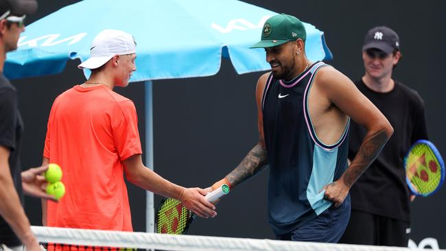 Nick Kyrgios trains with Cruz Hewitt in Melbourne. Picture: Mark Stewart