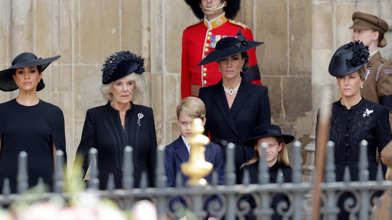 Meghan, Queen Consort Camilla, Prince George, Princess Kate, Princess Charlotte and Sophie, Countess of Wessex. Picture: Chris Jackson/Getty Images