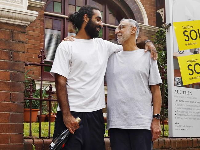 DAILY TELEGRAPH - 21.2.25Auction at 2/71 Stanmore Rd in Stanmore which sold for $852K to first home owner.  Eventual auction winner Jeeven Singh (left) pictured with his dad Dalit Singh. Picture: Sam Ruttyn