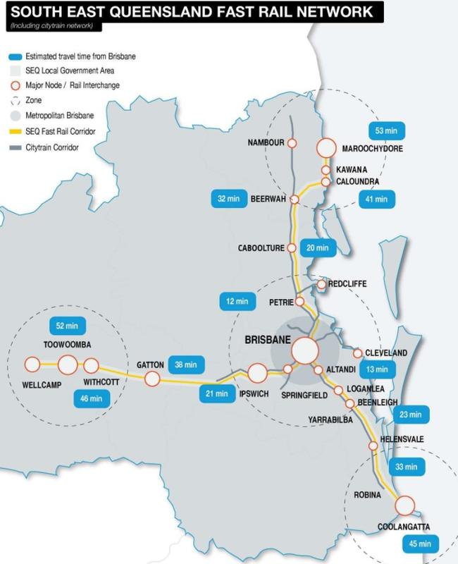 Potential travel times for fast rail lines in south east Queensland.