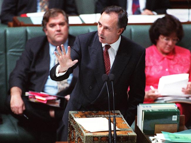 /PM Paul Keating during Question Time in House of Representatives, in background deputy /PM Kim Beazley (L) & Health /Min Dr (Doctor) Carmen Lawrence.