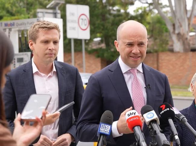 Treasurer Matt Kean (right) with Liberal candidate for Ryde Jordan Lane as a press conference on Monday.