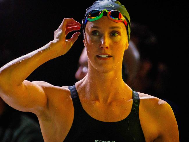Australiaâs Emma McKeon reacts following the women's 100m backstroke heat during the Australian Swimming Trials at the Brisbane Aquatic Centre on June 14, 2024. (Photo by Patrick HAMILTON / AFP) / -- IMAGE RESTRICTED TO EDITORIAL USE - STRICTLY NO COMMERCIAL USE --
